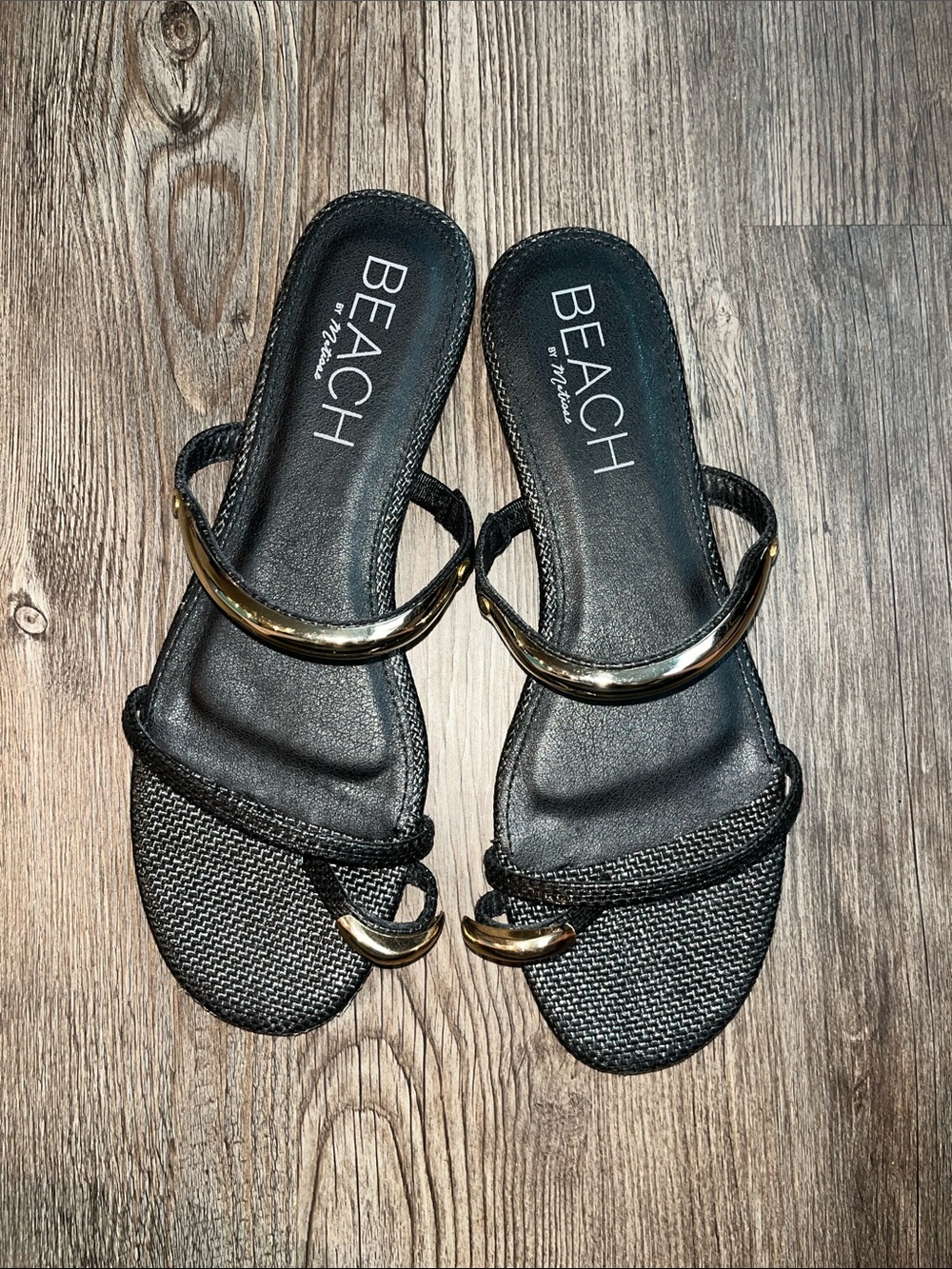 BEACH BY MATISSE Black Slip-On Sandals with Gold Hoop Accents